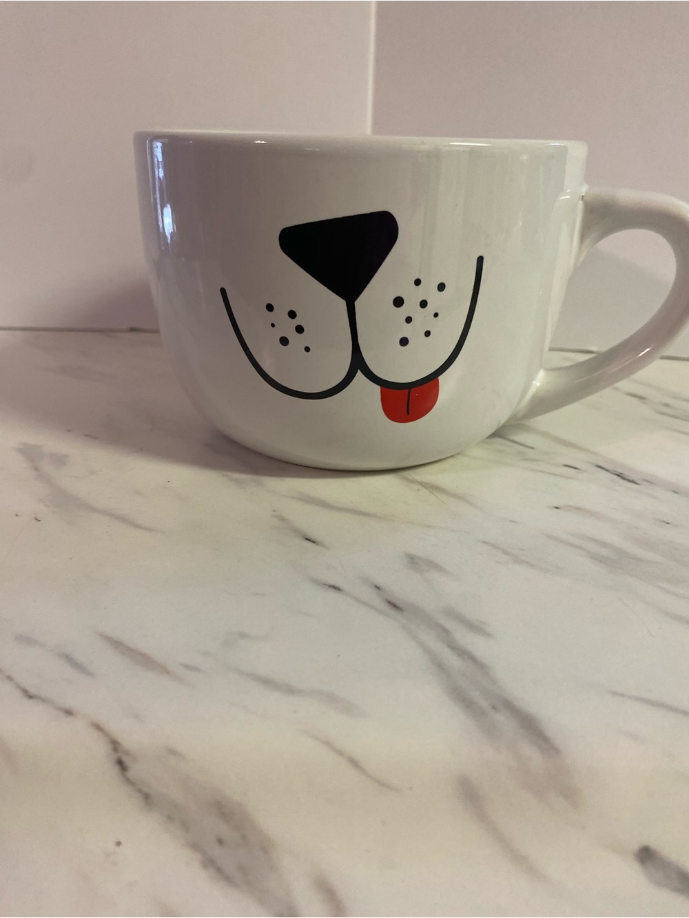 White Dog Face Ceramic Pet Bowl with Red Tongue Accent